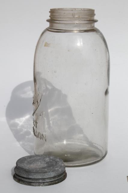 half gallon vintage Drey Mason jar, large pickle / fruit canning jar w/ metal lid