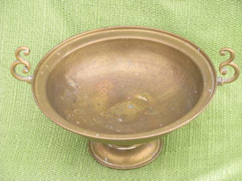 hammered brass hand-wrought bowl w/ handles, vintage pedestal dish