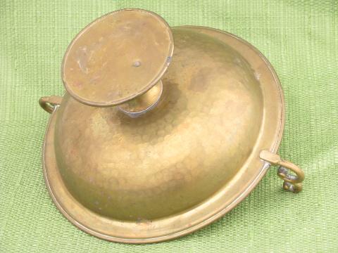 hammered brass hand-wrought bowl w/ handles, vintage pedestal dish