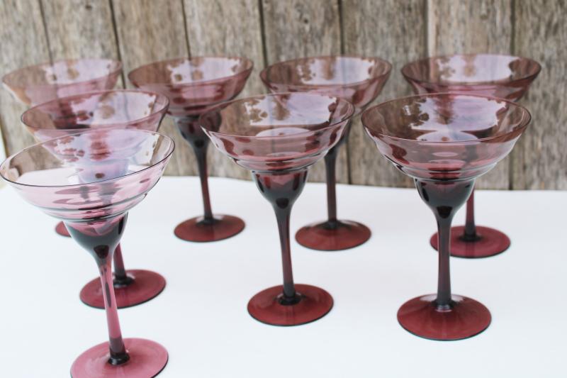 hand blown amethyst glass stemware, set of 8 vintage cocktail glasses or large champagnes
