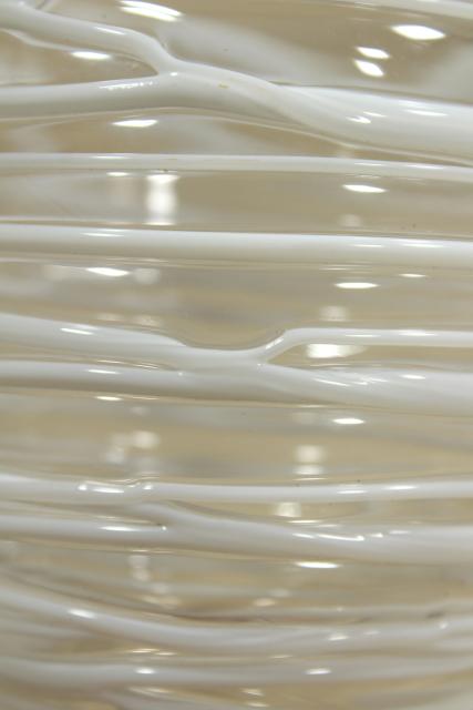 hand blown art glass lamp shade, string squiggle white on clear glass, mod vintage