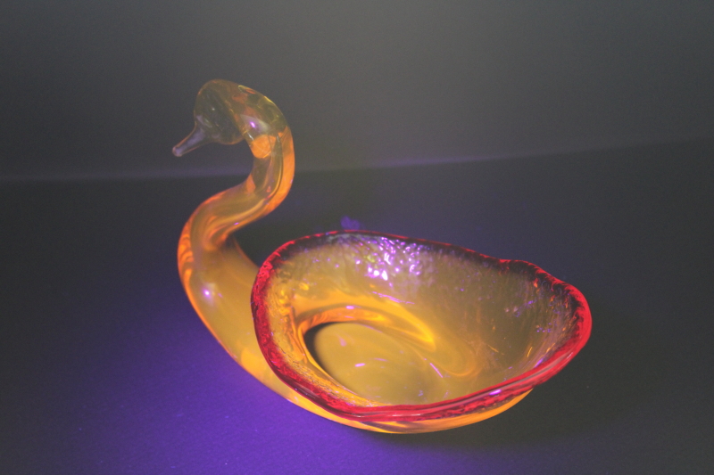 hand blown art glass swan bowl, vintage amberina glass candy dish w/ UV black light glow