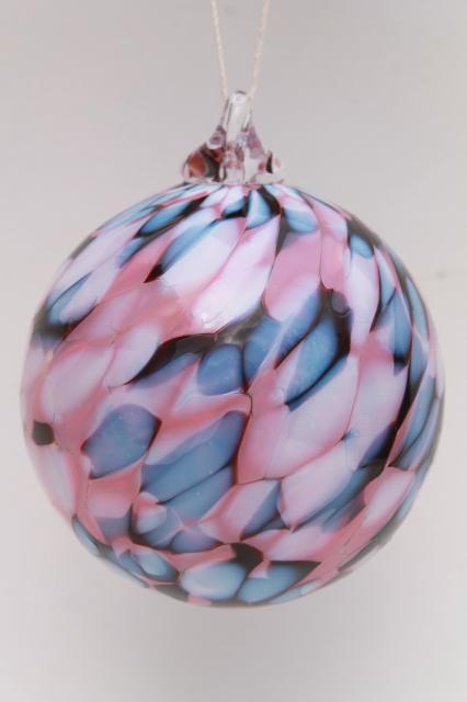 hand blown glass witch ball, art glass suncatcher ornament blue & rose pink glass