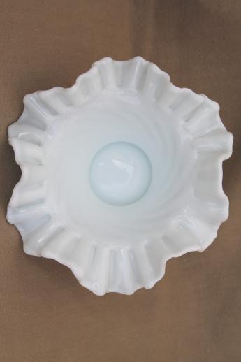 hand blown milk glass bowl, crimped ruffle edge basket shape swirled glass dish