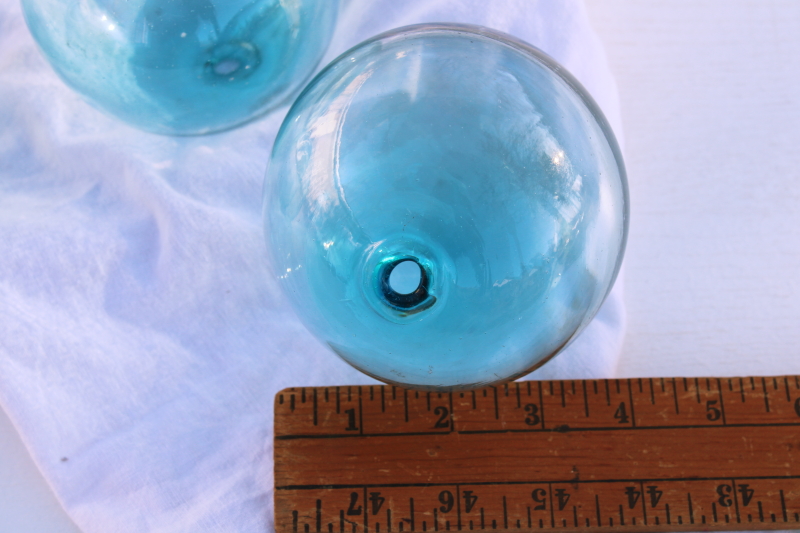 hand blown recycled glass orbs, aqua blue sea glass round ball vases like vintage fishing floats
