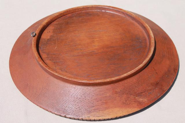 hand carved walnut wood tray, plate or wall hanging plaque w/ folk art flowers