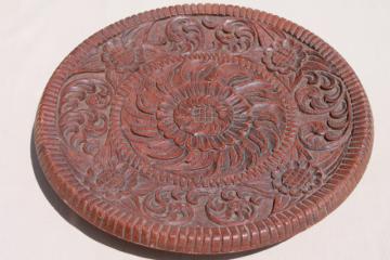 hand carved walnut wood tray, plate or wall hanging plaque w/ folk art flowers