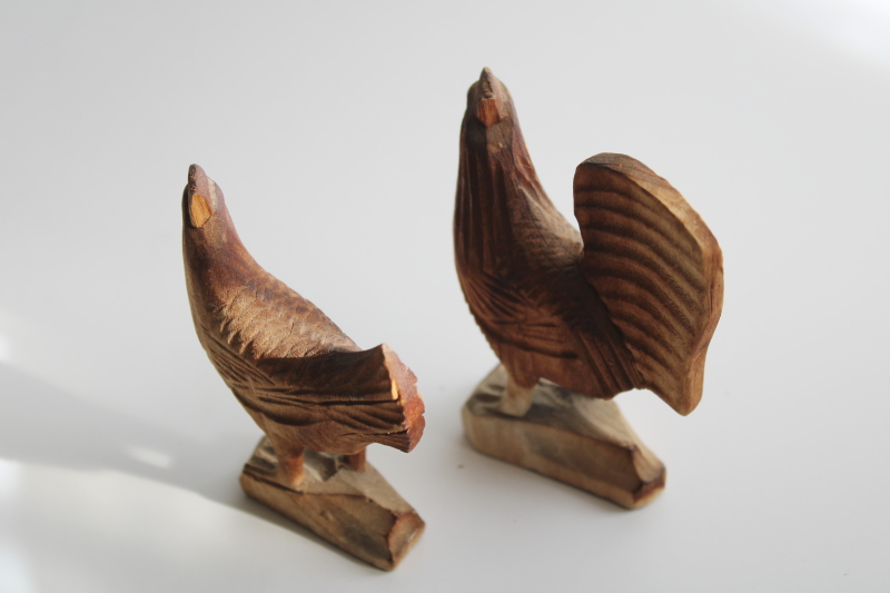 hand carved wood chickens, rustic natural finish hen rooster figurines modern farmhouse style