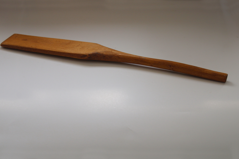 hand carved wood stirrer, long handled wooden paddle spoon, vintage kitchen utensil