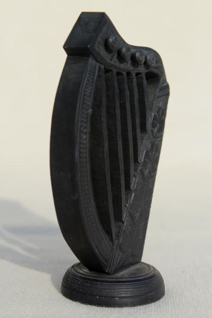 hand carved wooden Irish harps, vintage souvenirs of Ireland, dark peat color wood carvings