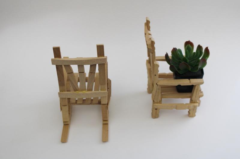hand crafted chair & rocker for dolls or tiny plant stand, made from wood clothespins