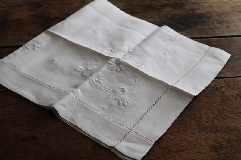 hand embroidered vintage whitework table cover cloth, shamrock clover white on white