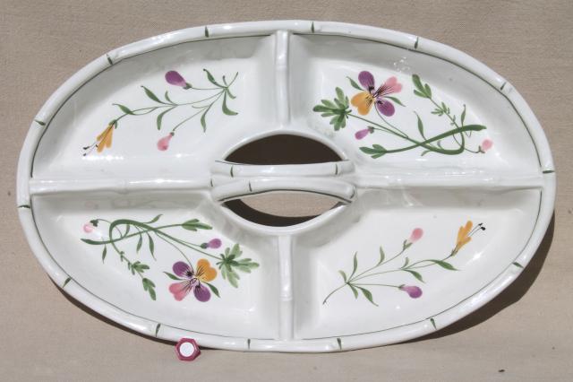 hand painted Italian pottery tray w/ center handle, johnny jump up viola pansies floral