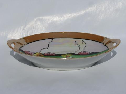hand painted Made in Japan luster china bonbon dish, crinoline lady in bonnet