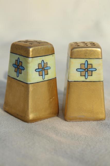 hand painted Nippon antique Noritake china, tiny individual S&P shakers encrusted gold