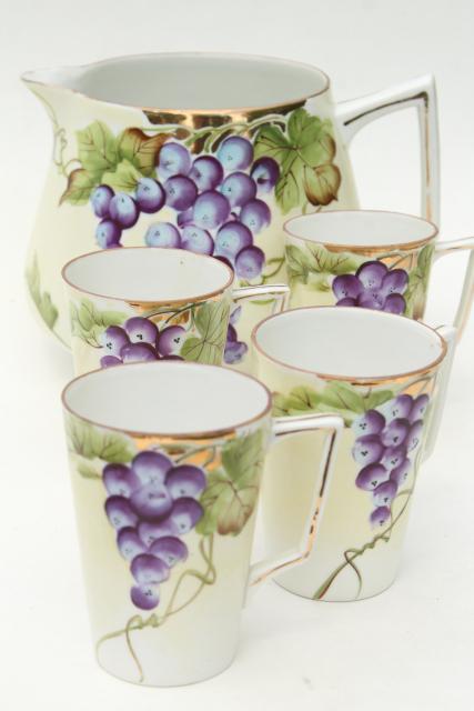 hand painted Nippon china grapes pattern wine pitcher & cups, early 20th century vintage