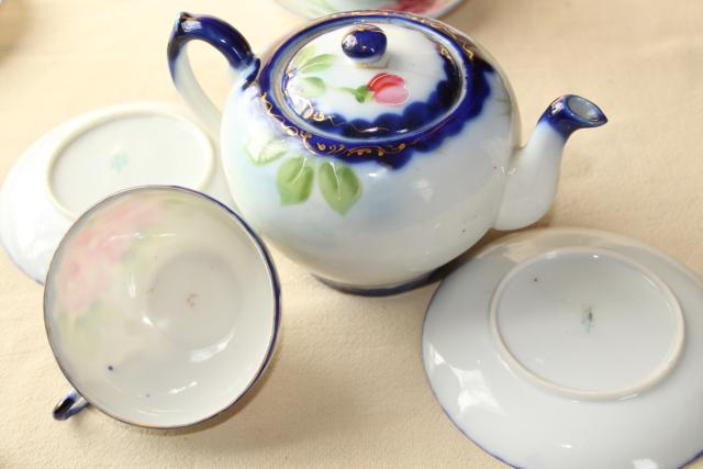 hand painted Nippon porcelain teapot, cups & saucers - antique flow blue china w/ roses