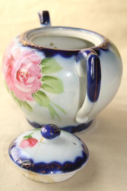 hand painted Nippon porcelain teapot, cups & saucers - antique flow blue china w/ roses
