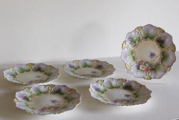hand painted antique china plates, flower leaf mold, unmarked RS Prussia