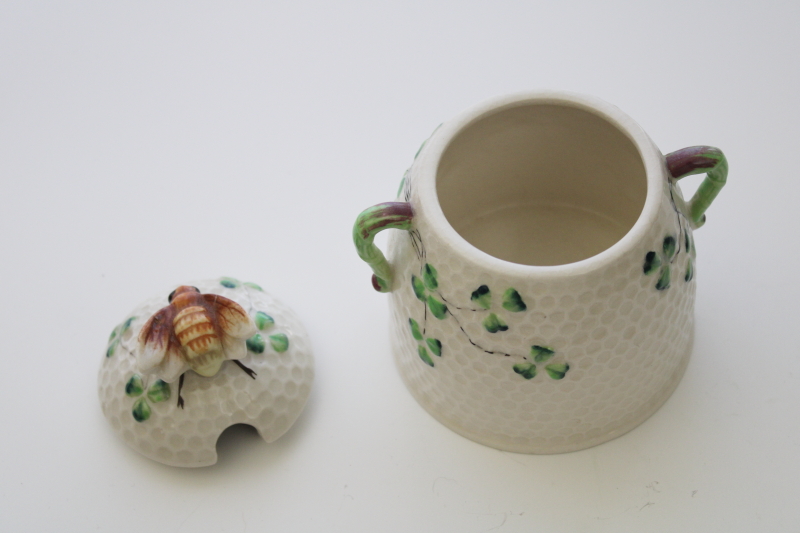 hand painted china bee ware beehive honey pot w/ clover, vintage made in Japan