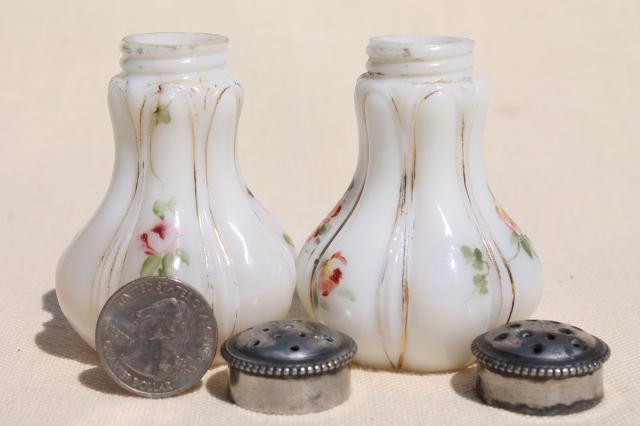hand painted enamel antique vintage milk glass salt and pepper shakers 