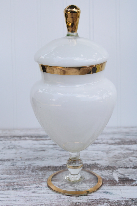 hand painted glass apothecary jar w/ lid, vintage rose jar for Victorian style vanity