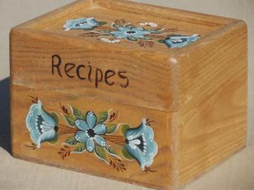 hand painted tole oak box, wooden recipe box full of vintage recipes cards