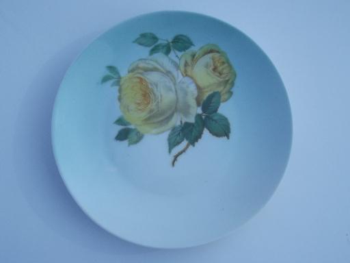 hand painted yellow roses on sky blue, vintage Bavaria dessert plates