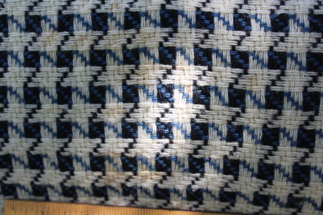hand woven wool blanket, vintage Goodwin Guild blue & ivory white fringed throw