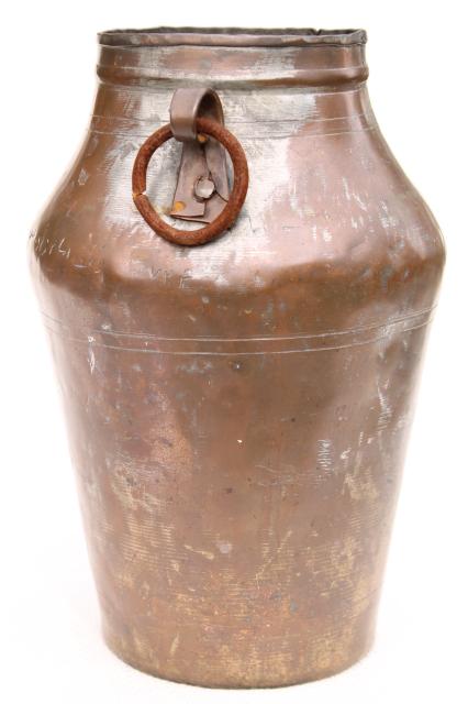 hand wrought Middle East copper urn water jug w/ iron handles, old silver wash