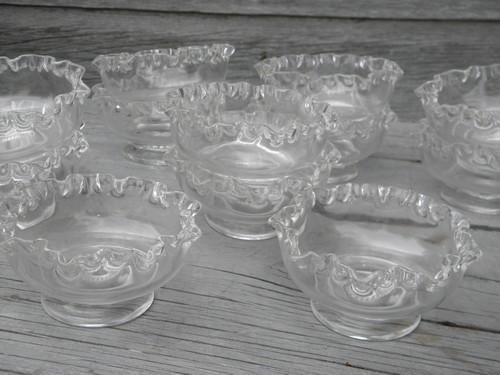 hand-blown glass ice cream dishes, vintage set of 12 ruffled bowls