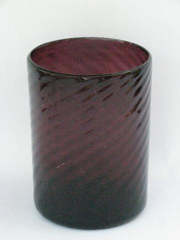 hand-blown swirled amethyst purple glass cylinder vase, vintage Mexican glass