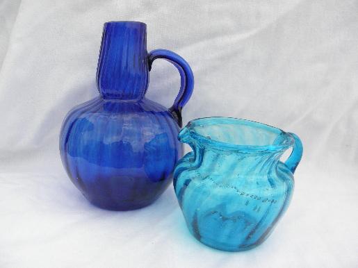 hand-blown swirled aqua and cobalt blue glass pitchers, vintage Mexican glassware