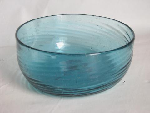 hand-blown swirled aqua blue glass dishes, bowls & plate, vintage Mexican glassware