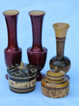 hand-carved folk art turned wood vases & boxes, lot vintage treenware