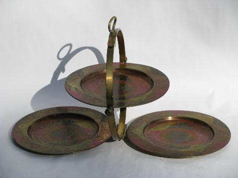 hand-colored vintage etched brass folding tiered tray for camp or travel