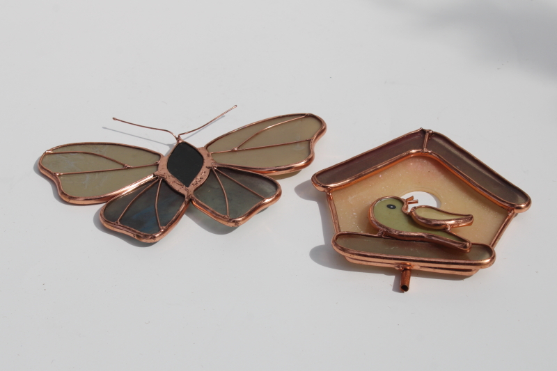 handcrafted copper  glass sun catchers, yard stake toppers garden art ornaments bird  butterfly
