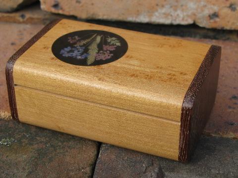 handcrafted purple heart wood / birdeye maple jewelry box, flower inlay