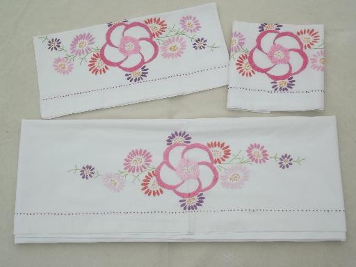 hand-embroidered cotton bed linens, M monogram vintage pillowcases & sheet set