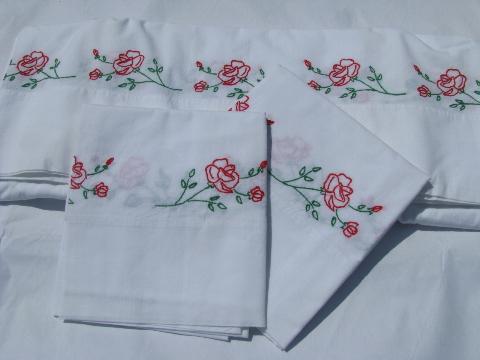 hand-embroidered vintage cotton bed linens, red roses sheet & pillowcases