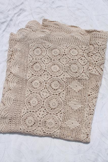 handmade crochet lace bedspread, shabby chic vintage cotton coverlet in antique ecru color