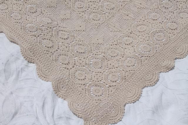 handmade crochet lace bedspread, shabby chic vintage cotton coverlet in antique ecru color