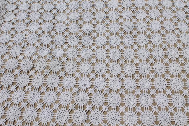 handmade crochet lace bedspread, shabby chic vintage cotton coverlet w/ lacy spider web motifs