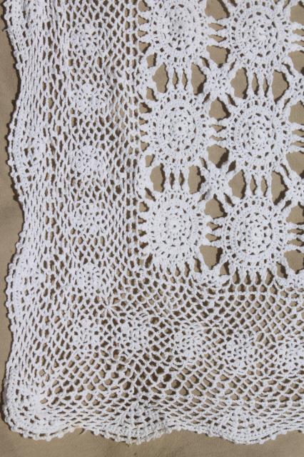 handmade crochet lace bedspread, shabby chic vintage cotton coverlet w/ lacy spider web motifs