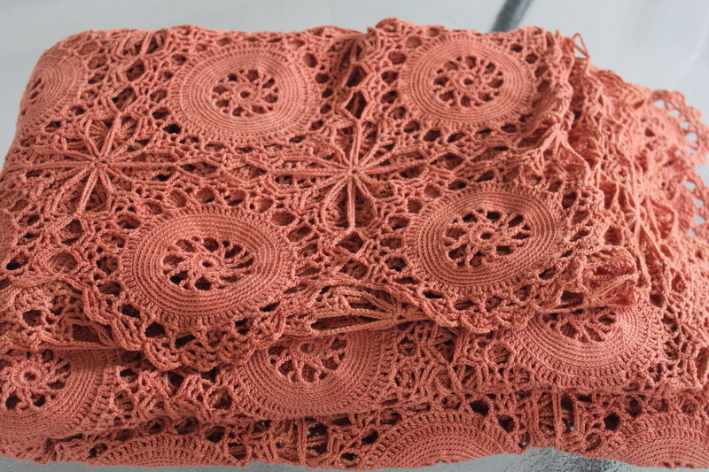 handmade crochet lace tablecloth or bedspread throw, russet red orange color
