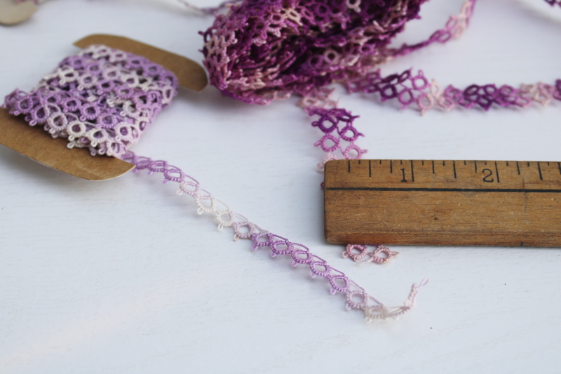 handmade tatted lace edging, unused vintage cotton thread lace trim in blue and lavender purple tatting
