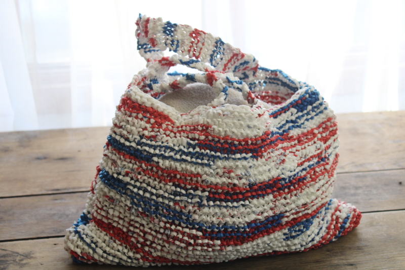 handmade upcycled plastic bag plarn yarn hand knit shopping tote, red white blue