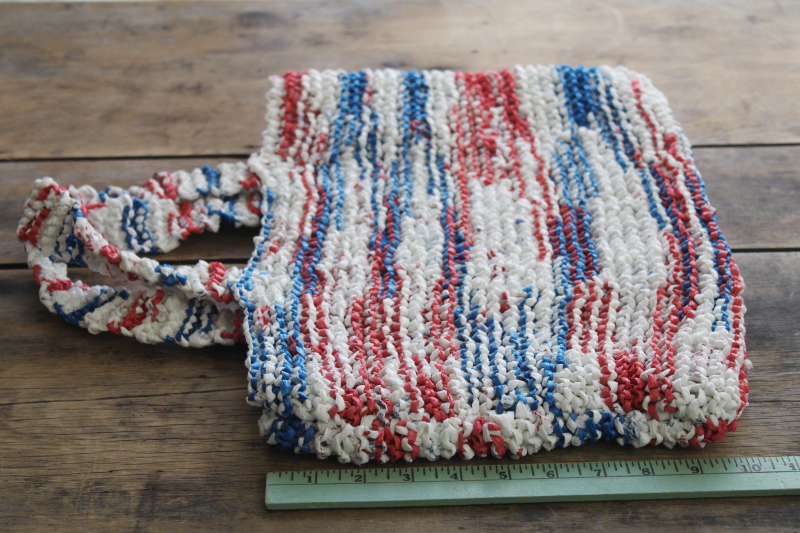 handmade upcycled plastic bag plarn yarn hand knit shopping tote, red white blue