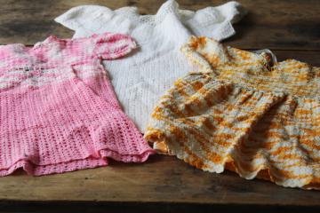 handmade vintage baby girl dresses, cotton thread crochet yellow, pink, white doll dresses