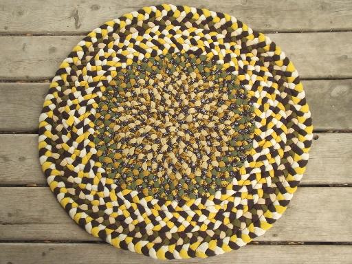 handmade vintage braided wool rug, round floor mat in gold & green wool